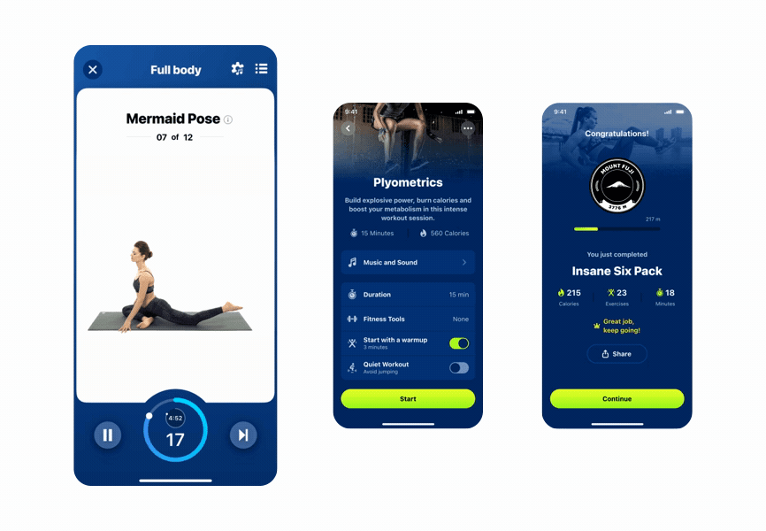 Three images of Fitify workout interface. Image 1: GIF of woman performing yoga pose with timer counting down. Image 2: Details of workout. Image 3: “Congratulations” written on top of screen with ‘Enhance’ award below. Below there’s a button for users t