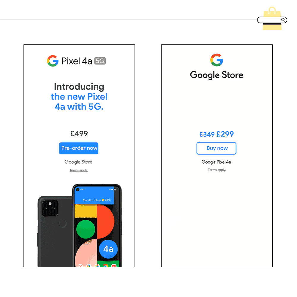 Resimde yan yana duran iki adet renkli, Google Pixel akıllı telefon reklamı gösteriliyor. Soldaki reklamda "yeni Pixel 4a 5G ile tanışın" yazısının yanında fiyat, "şimdi ön sipariş ver" harekete geçirici mesaj düğmesi ve akıllı telefonun sabit fotoğrafı b