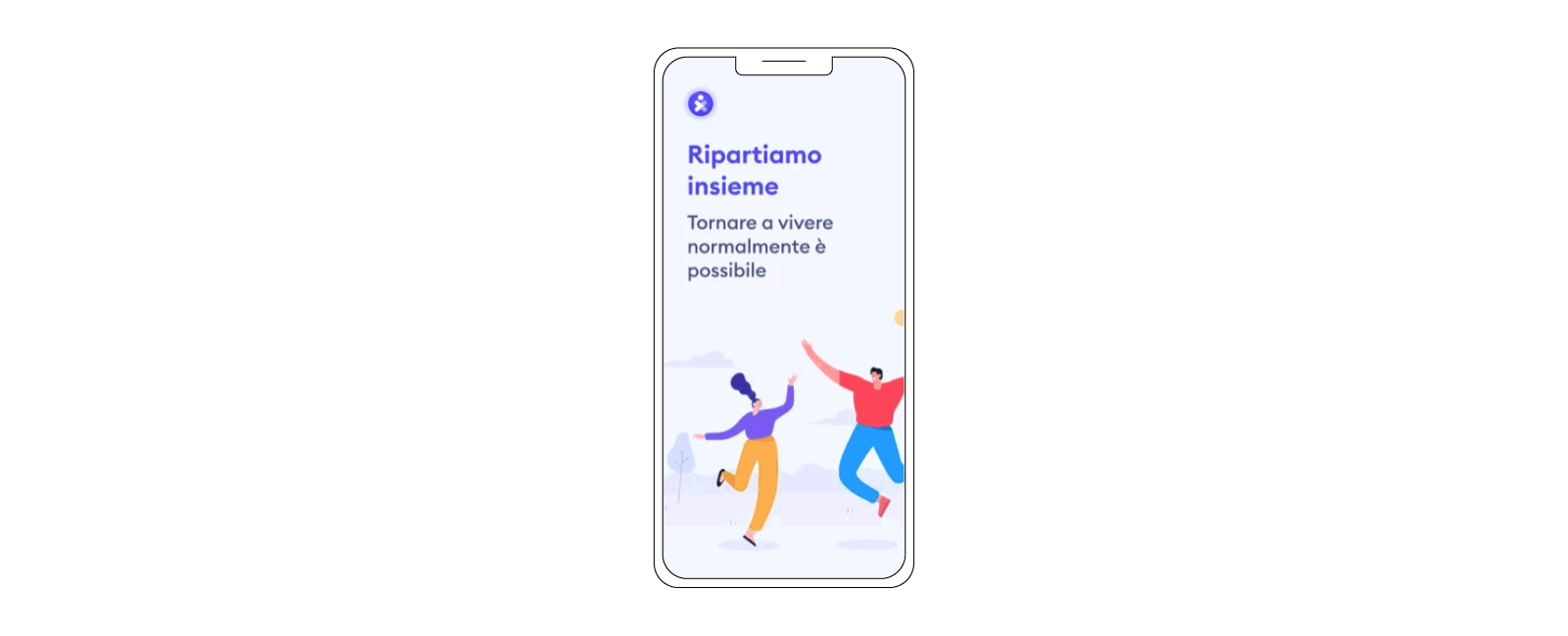 Illustrated smartphone with screenshots of the Italian Immuni app, set on a white background.