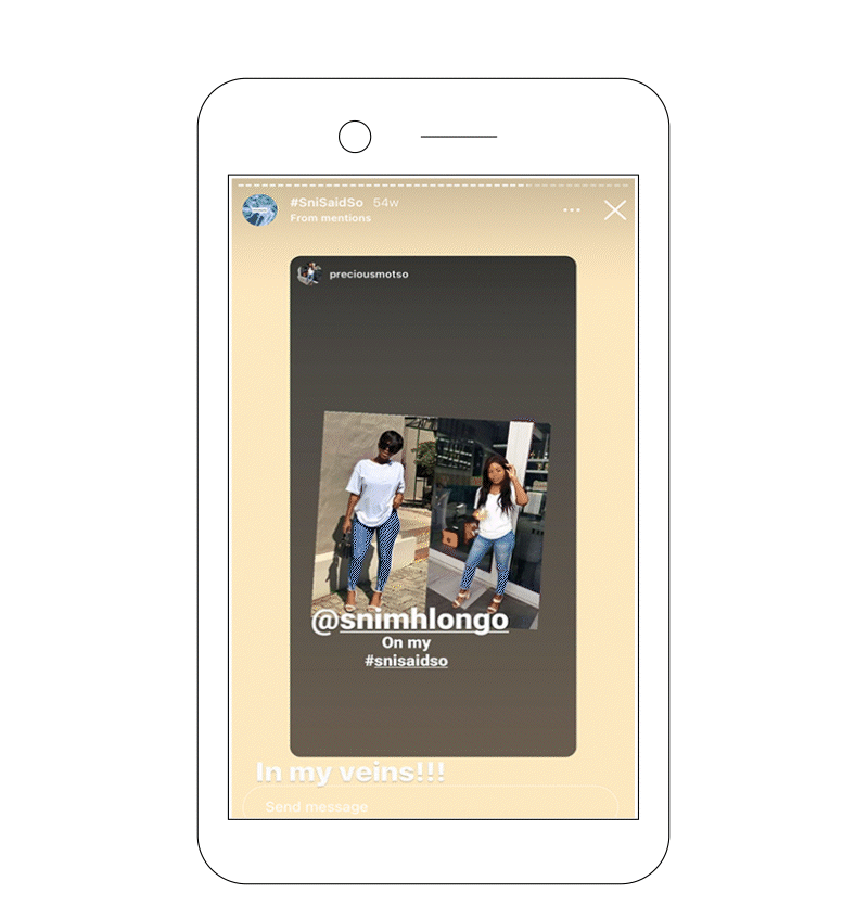 A illustration of a smartphone with slideshow of screenshots showcasing posts from Snikiwe's Mhlongo's fans where they've used the hashtag #SniSaidSo to show they were influenced by her to buy and wear something