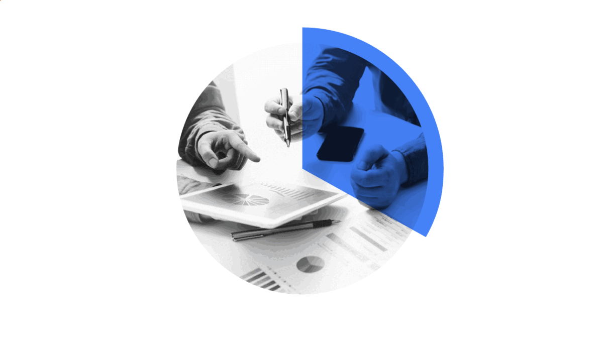 An animated gif of three black-and-white photographs with a blue pie chart segment across each: 1: Two people reading pie charts and having a discussion. 2: Hands holding a pot with a seedling. 3: A woman holding a shopping bag and wallet