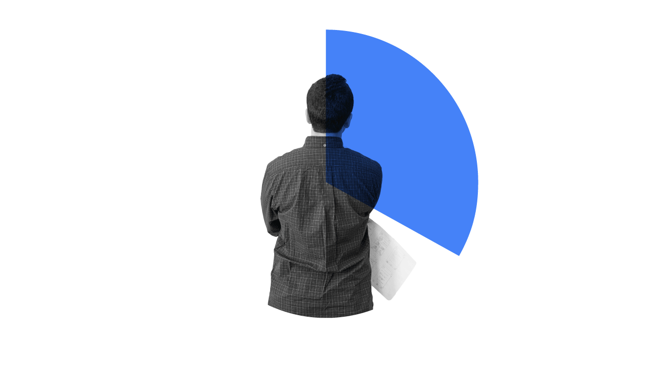 An animated gif showing three black-and-white photographs with a blue pie chart segment across each: 1: A man thinking. 2: Hands holding a pot with a seedling. 3: A woman with long dark hair wearing designer sunglasses.