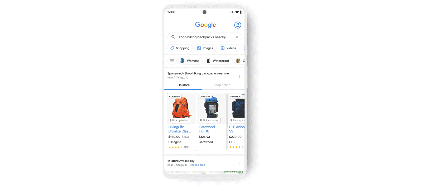 Scrolling animation of visual Search returns for “hiking backpacks near me” include Shopping links, product images of backpacks, store information, and in-store availability via Maps.