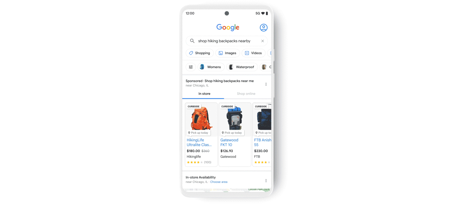 A screen capture of hiking backpacks listed as shoppable product images in Google search result.