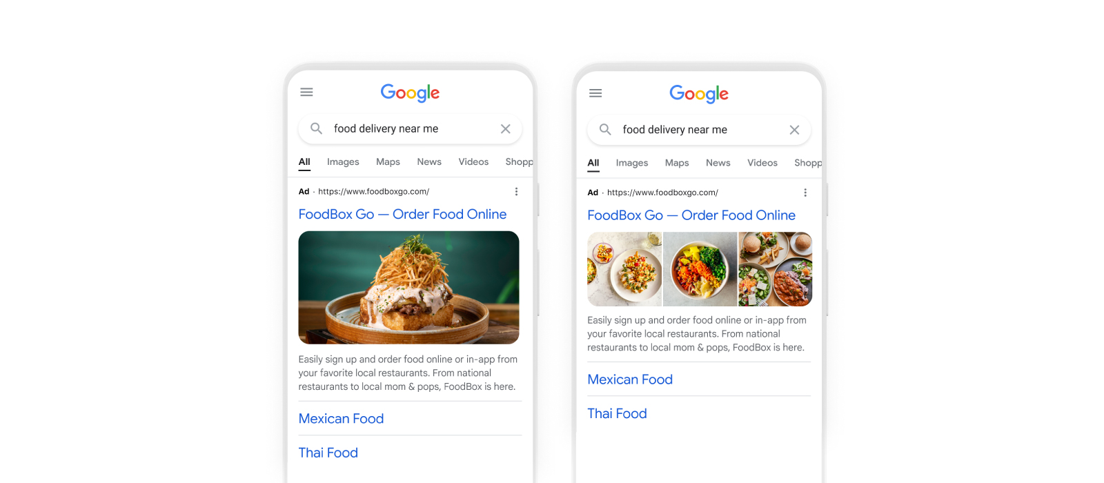 Businesses that advertise on Google Search can now choose to display images in landscape format (left) or a photo array (right) along with the descriptions of their offerings.