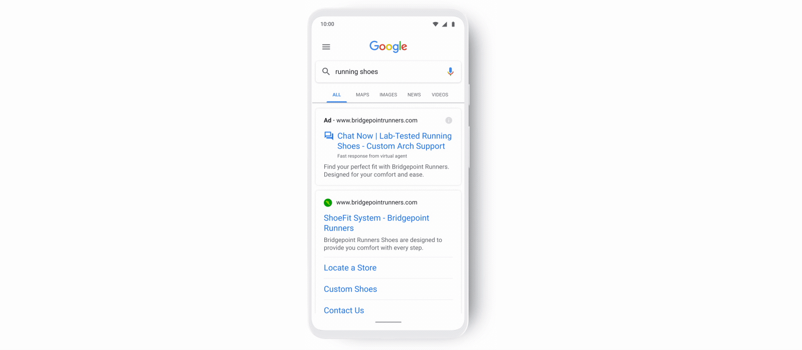 In this animated demonstration, a user is able to contact Bridgepoint Runners via Business Messages directly from Google Search to ask about running shoes.