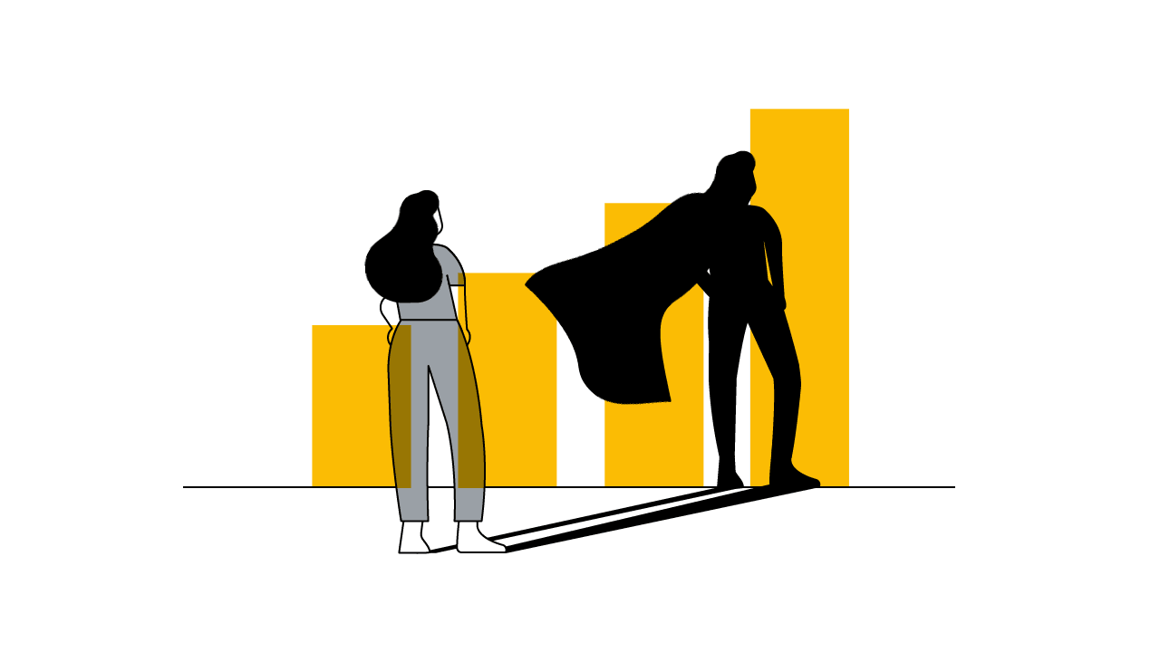 An illustrated gif of a woman with long hair standing next to a wall that looks like a bar graph. In her shadow, cast on the tallest two bars, she appears to wear a fluttering superhero cape.