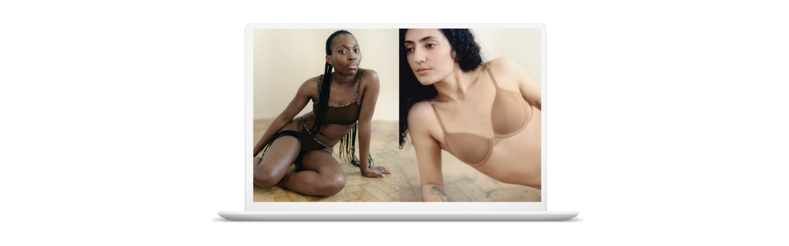 Open laptop shows two photos of female Calvin Klein models wearing the diverse 'nude' underwear collection.