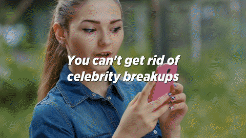 Two images show teens — a girl and a boy — looking at smartphones. Overlay text reads: “You can’t get rid of celebrity breakups.” Blue end card reads: “But you can get rid of cold sores in 2.5 days. Abreva” with hand holding tube of product.