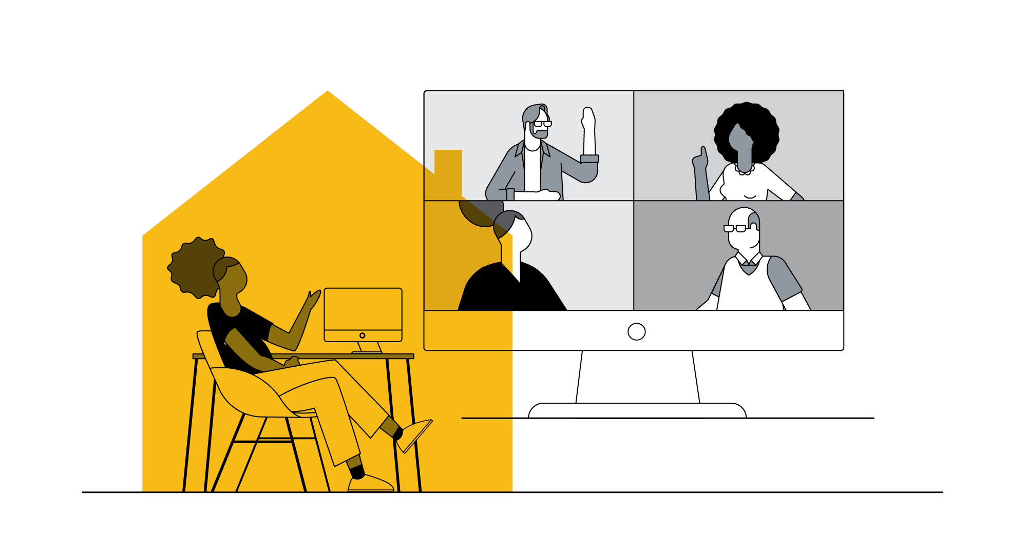 À esquerda, uma mulher negra está sentada e gesticula com sua mão. Na sua frente, há uma tela de computador em cima de uma mesa. À direita, esta tela está ampliada, e dividida em quatro retângulos. Na reunião online, há dois homens e duas mulheres.