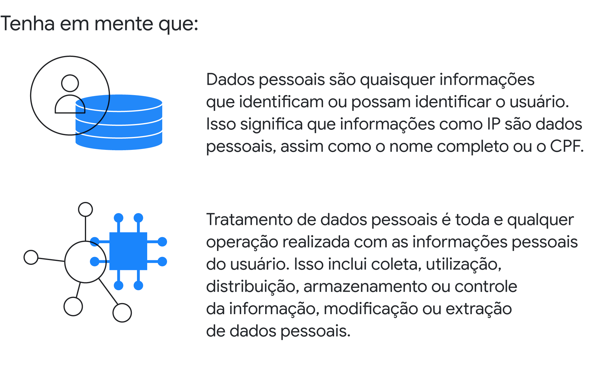 Tenha em mente que: 1) Dados pessoais são quaisquer informações que possam identificar o usuário; 2) Tratamento de dados pessoais é toda e qualquer operação realizada com as informações pessoais do usuário.