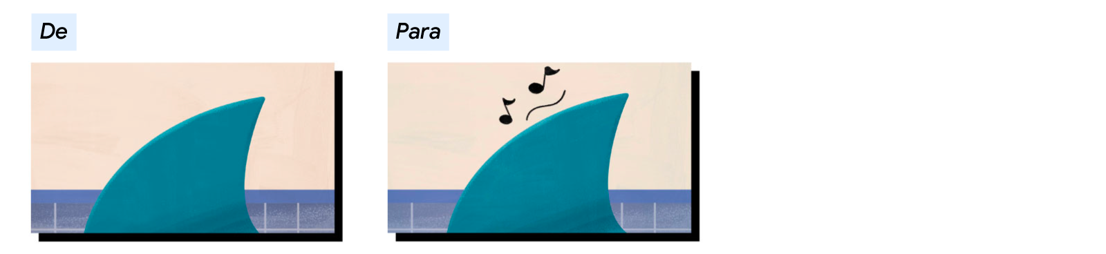 A barbatana de tubarão em close deve ser substituída pela mesma barbatana, porém com a inclusão de música.