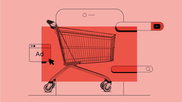 A grocery shopping cart is flanked on the left by cursor clicking a browser ad and on the right by a YouTube search bar and a Google Search bar.