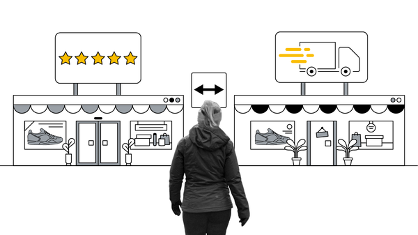 A woman in a coat and gloves faces two storefronts, shaped like website browsers, with running shoes in the window. One store has signage with a 5-star review, the other with signage showing a fast delivery truck.