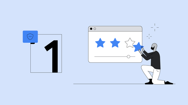 A person with dark skin, a black beard, a bald head, wearing a black shirt and white pants, kneels in front of an oversize online video player and adds a third star to the video’s rating.