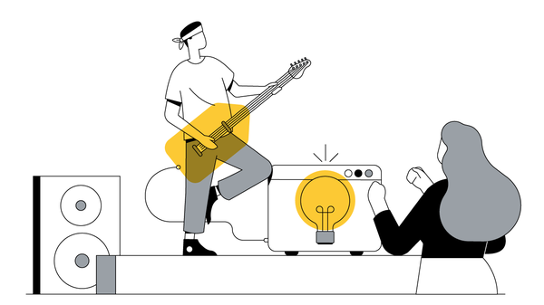 Vediamo un uomo, una rockstar, su un palco con una chitarra elettrica gialla. Sulla destra e di spalle una fan che ascolta con trasporto. Sul palco a destra un amplificatore con una lampadina gialla.