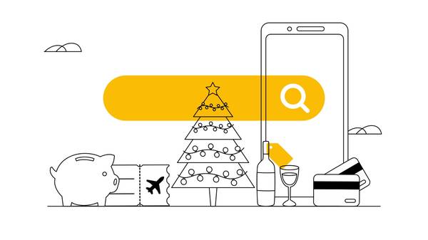 La barra del buscador de Google en amarillo con una lupa. Abajo, de izquierda a derecha: una alcancía en forma de cerdo, un ticket de avión, un árbol de navidad, una botella de vino con su vaso, tarjeta de débito y crédito.