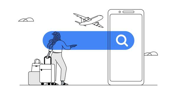 Una mujer de pelo largo y rastas, sostiene un par de maletas. En el centro, la barra del buscador. Arriba se ve un avión y a la derecha la pantalla de un teléfono móvil.