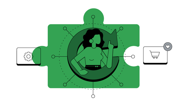 一個女人站在圓圈的中間，左邊是一個齒輪，右邊是一輛購物車。