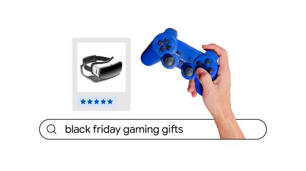 A blue game controller & a listing of a VR headset appears above “black friday gaming gifts” entered into a search bar, representing how brands can drive sales and brand awareness using AI marketing for retail during peak shopping seasons in SEA.