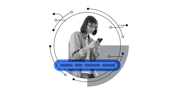 A photo shows a fair-skinned woman with shoulder length hair and glasses looking at her phone. There is a blue overlay of a Search bar and illustrations showing an AI interface surrounding the image.