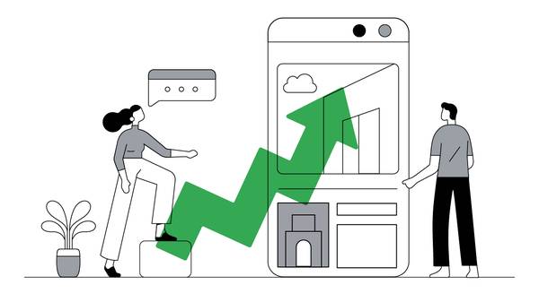 Una mujer sube un peldaño junto a un móvil grande donde se ve una app de hoteles, una flecha verde indica el crecimiento, al lado un hombre mira la app.