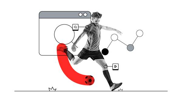 Imagen de un futbolista en blanco y negro golpeando a un balón con estela de impulso roja, de él salén una pantalla con una lupa y varios elementos que representan el crecimiento de marketing.