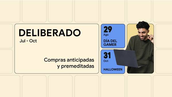 Un hombre de piel oscura y cabello oscuro rizado compra en una computadora portátil. Está rodeado por una cuadrícula de calendario con tres fechas resaltadas: