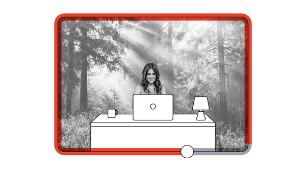 A woman with long dark hair is sat at an illustrated desk, which holds a laptop, lamp and mug. The desk is placed within a forest, with sunshine creeping between several trees. The image border is a red YouTube play progress bar.