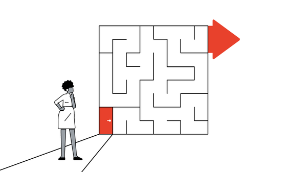 Illustration shows a woman with short hair and dark skin looking at a maze. There is a red door on one corner of the maze, and an arrow on the other corner, indicating a way out.