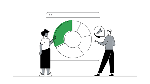 A woman with dark skin and curly dark hair and a man with light skin and wearing a ball cap analyze the data found in a larger than life circle graph.