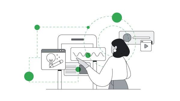 Un marketer con i capelli scuri e la pelle media interagisce con prodotti creativi alimentati dall'intelligenza artificiale che aiutano a creare risorse pubblicitarie dall'ideazione alla produzione.