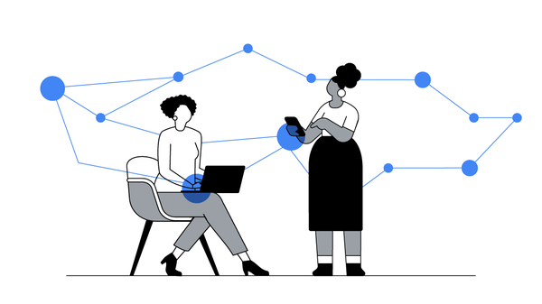 Two women, one with light skin and short dark curly hair and one with dark skin and dark hair in a high bun, use AI-powered campaigns to maximize their brand’s growth.