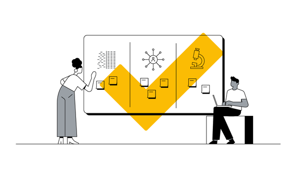 Two marketers work at a large whiteboard covered with sticky notes and a microscope representing experimentation, customer connections array, and their brand’s measurement strategy.