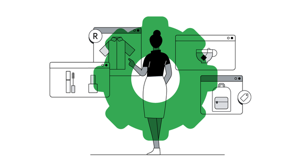 A dark-skinned woman stands, pictured from the back, pointing towards 1 of 4 internet browsers around her, each with a different product on screen. From left to right: mascara and nail polish; a shirt; a cup of tea; and a backpack. A green gear overlays.
