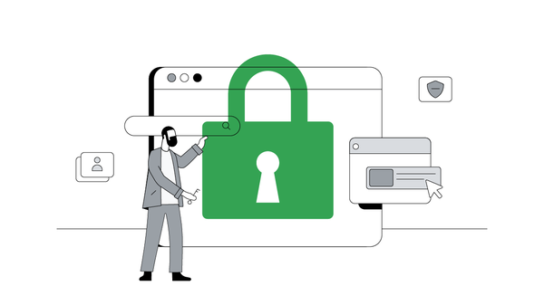 A marketer with light skin, dark hair, and a full beard stands next to a larger-than-life padlock and holds a key, securing his company’s data with privacy-preserving technologies.