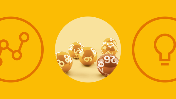 A cluster of balls with numbers on them, between a line chart and a lightbulb, representing how brands can pair measurement solutions with AI in marketing to increase engagement and maximize conversion value.