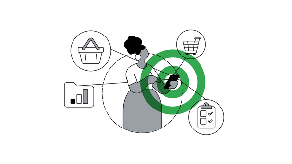 A woman using her phone with a shopping cart, grocery basket, checklist, and bar charts pointing out of it, representing how a D2C marketing strategy drives sustainable business growth.