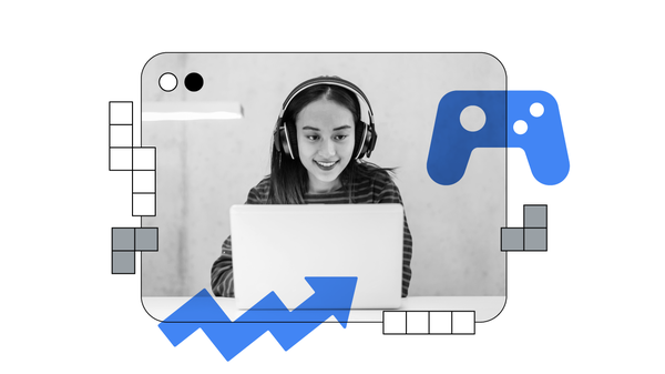 A browser window displaying a woman in headphones smiling as she plays games on her laptop, with tetris blocks, a game controller and an upward trending arrow around her, representing how H5 games improve user experience, engagement, and revenue.