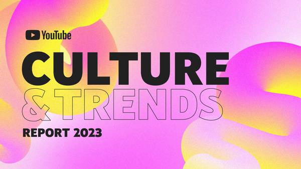 The text YouTube Culture & Trends Report 2023 appears in black bold lettering over a swirling pink and yellow background