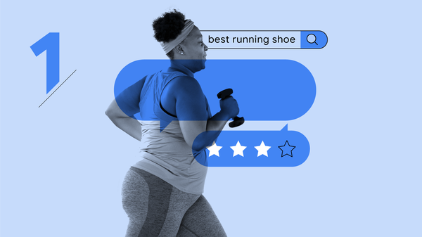 A person with short curly hair in athletic clothing and wearing a headband runs while holding dumbbells. “Best running shoe” appears in a search bar at top.