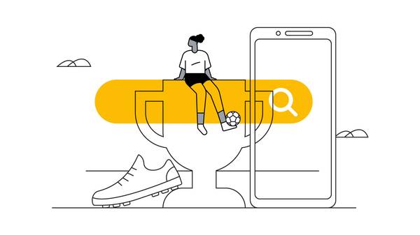 Una pantalla de teléfono móvil a la derecha, detrás de una gran barra de Buscador en amarillo. A la izquierda, una zapatilla de fútbol y una copa. Sobre esta, una mujer sentada, con equipo deportivo y una pelota de fútbol en el pie.