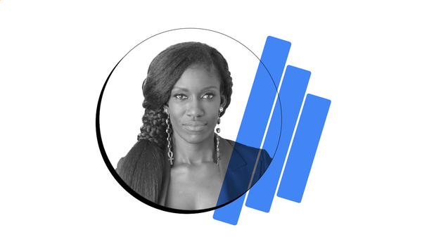Black and white photo of Bozoma Saint John, Global Marketing Executive and Author inside a black circle. Over her, three large blue lines overlay.