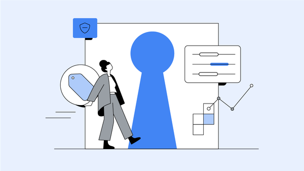 A person with light skin and black hair in a high, loose bun and bangs, wearing a loose-fitting gray suit, carries an oversize price tag behind their back through a giant keyhole, which is surrounded by shields, graphs, and sliders.