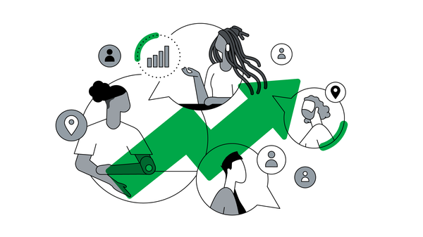 Quatro pessoas estão dentro de balões de diálogo: uma negra com uma prótese no braço, um negra de dreads, uma branca de barba e cabelos cacheados e uma branca e de cabelos curtos. Ligando todas elas, uma seta verde indica crescimento.