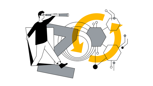 Um homem branco de cabelo preto e óculos olha por um monóculo. Ele está abrindo uma porta e à sua frente está uma letra Z, um gráfico de círculos, peças que se conectam e duas setas amarelas, também em círculo.