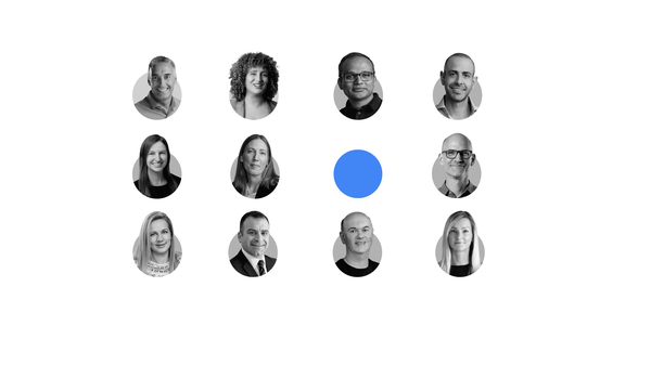 Privacy Power Players from Google and Deloitte. Photos of 11 marketing and business leaders appear in a 4 x 3 dot grid. The empty spot is filled alternately with red, blue, green, and gray dots.