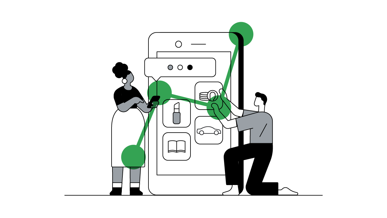 A woman using her mobile while a man places an app on her screen, representing how brands can build customer relationships and brand loyalty through mobile app marketing and engagement.
