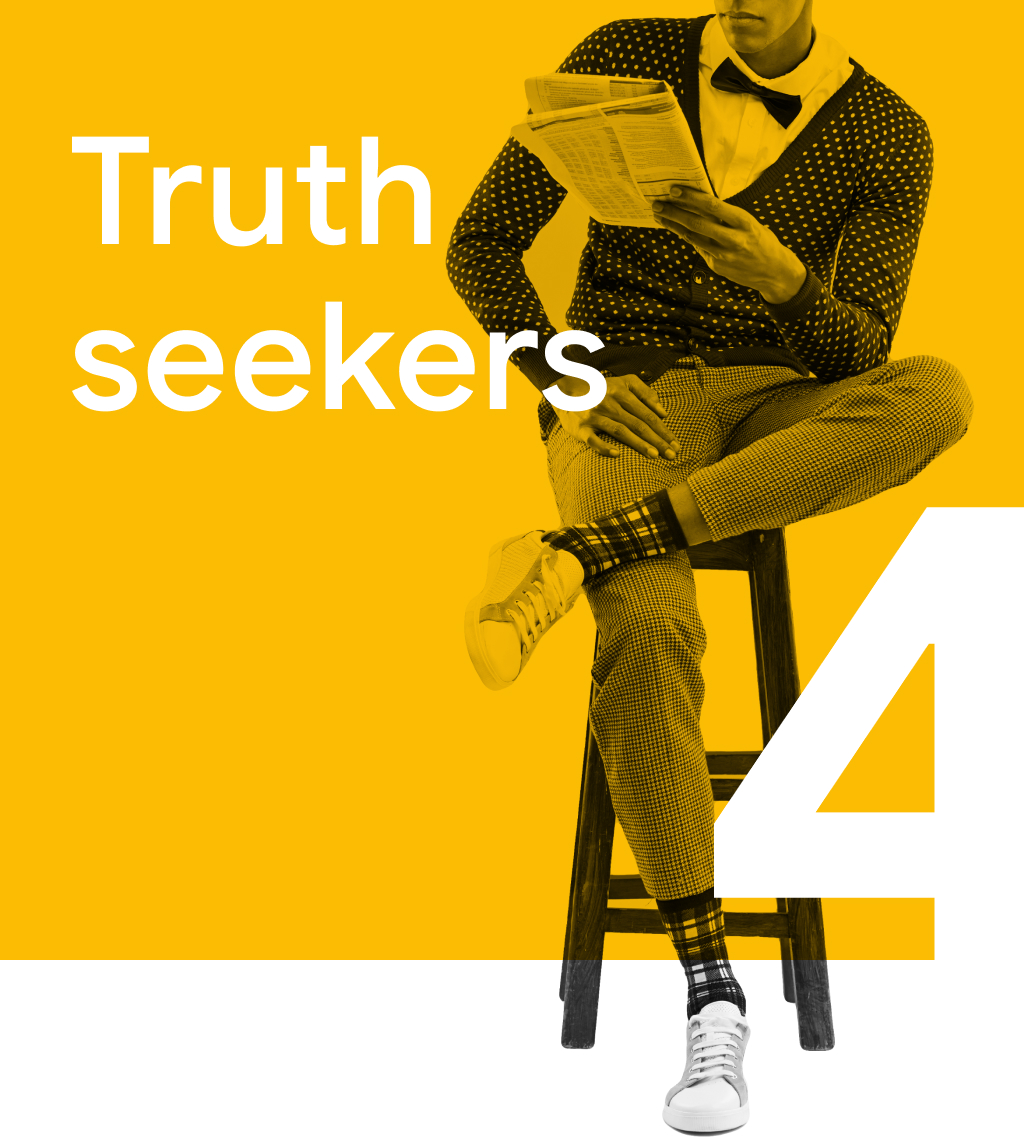 Trend 4: Truth seekers. A man sitting and reading a newspaper while ensuring the credibility of the source and information