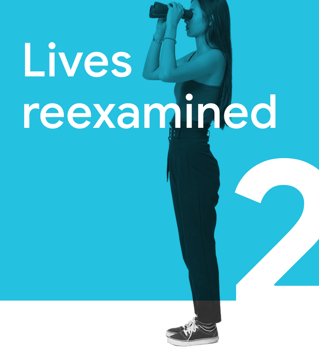Trend 2: Lives reexamined. A Singaporean woman looking through a pair of binoculars, representing how people are reevaluating their values and lifestyle amid the pandemic.